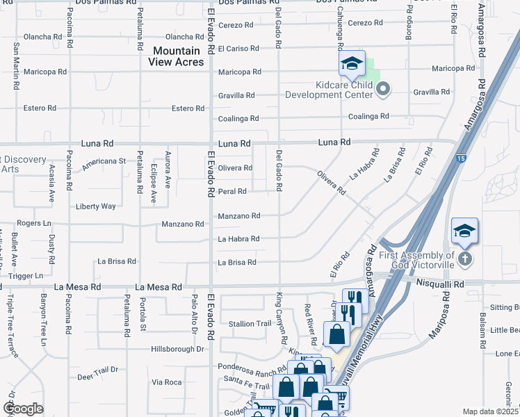map of restaurants, bars, coffee shops, grocery stores, and more near 14657 Peral Road in Victorville