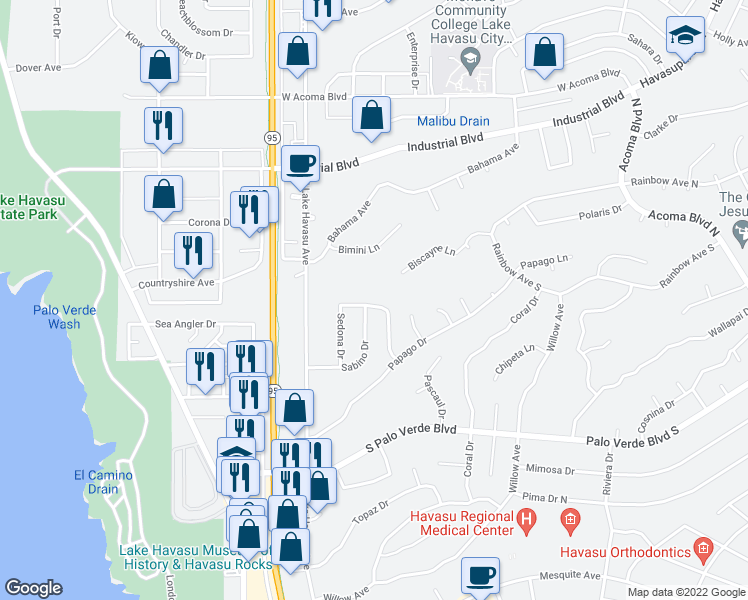 map of restaurants, bars, coffee shops, grocery stores, and more near 460 Llanos Drive in Lake Havasu City