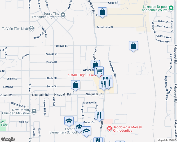map of restaurants, bars, coffee shops, grocery stores, and more near 13125 Winona Way in Victorville