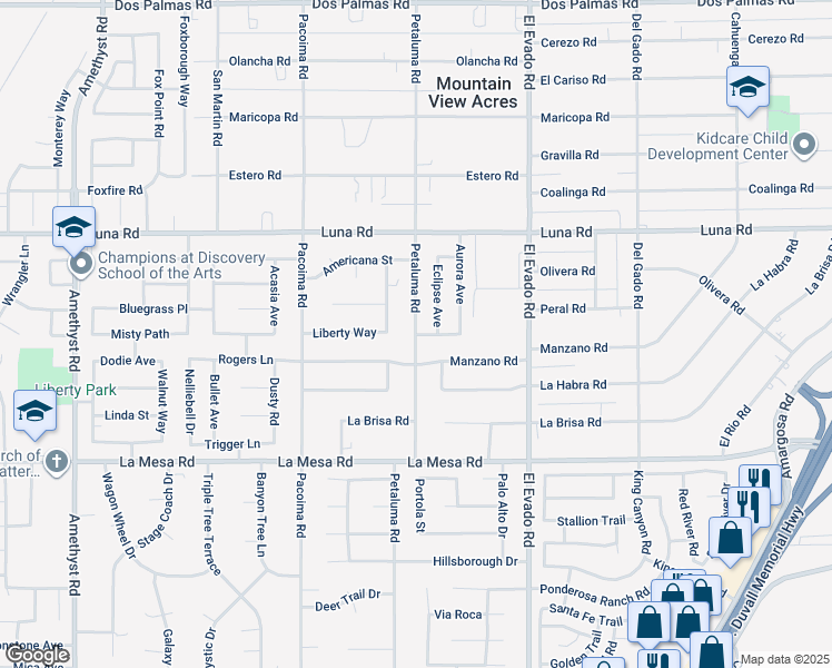 map of restaurants, bars, coffee shops, grocery stores, and more near 13099 Petaluma Road in Victorville