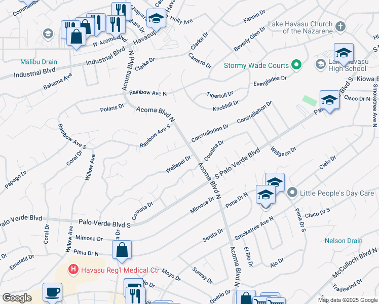map of restaurants, bars, coffee shops, grocery stores, and more near 2222 Constellation Drive in Lake Havasu City