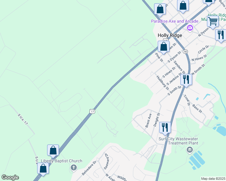 map of restaurants, bars, coffee shops, grocery stores, and more near 200 Oak Ridge Lane in Holly Ridge