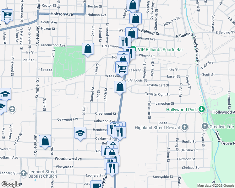map of restaurants, bars, coffee shops, grocery stores, and more near 2330 Central Avenue in Hot Springs