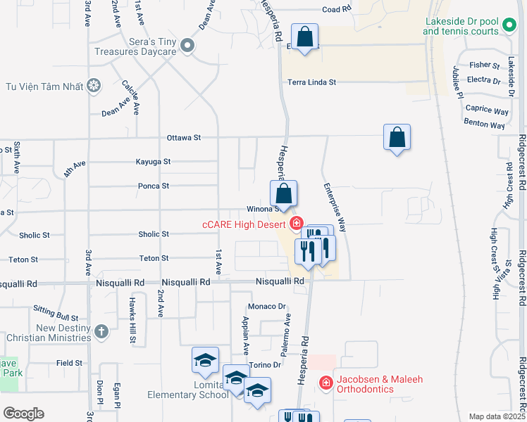 map of restaurants, bars, coffee shops, grocery stores, and more near 13125 Winona Way in Victorville