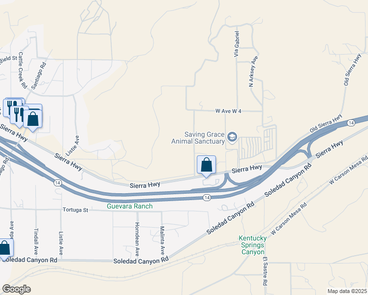 map of restaurants, bars, coffee shops, grocery stores, and more near San Gabriel Avenue in Acton