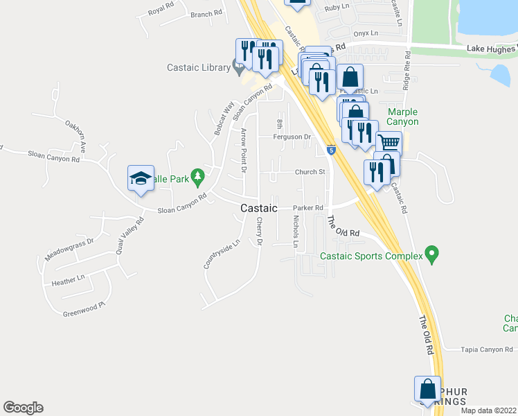 map of restaurants, bars, coffee shops, grocery stores, and more near in Castaic