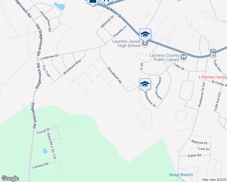 map of restaurants, bars, coffee shops, grocery stores, and more near 305 Wardlaw Road in Laurens