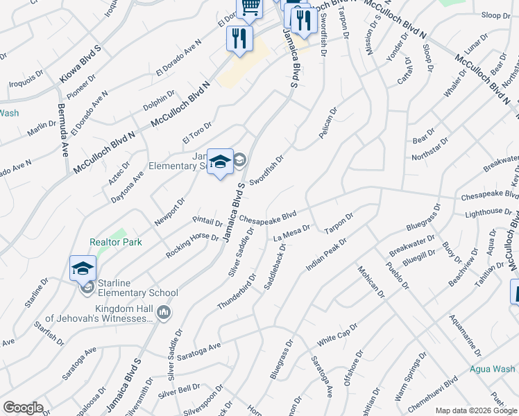 map of restaurants, bars, coffee shops, grocery stores, and more near 3414 Plebe Lane in Lake Havasu City