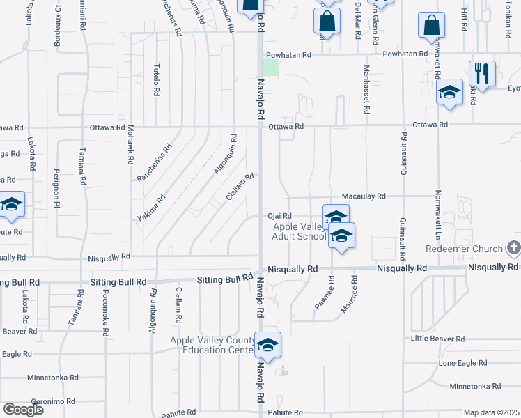 map of restaurants, bars, coffee shops, grocery stores, and more near 13090 Navajo Road in Apple Valley