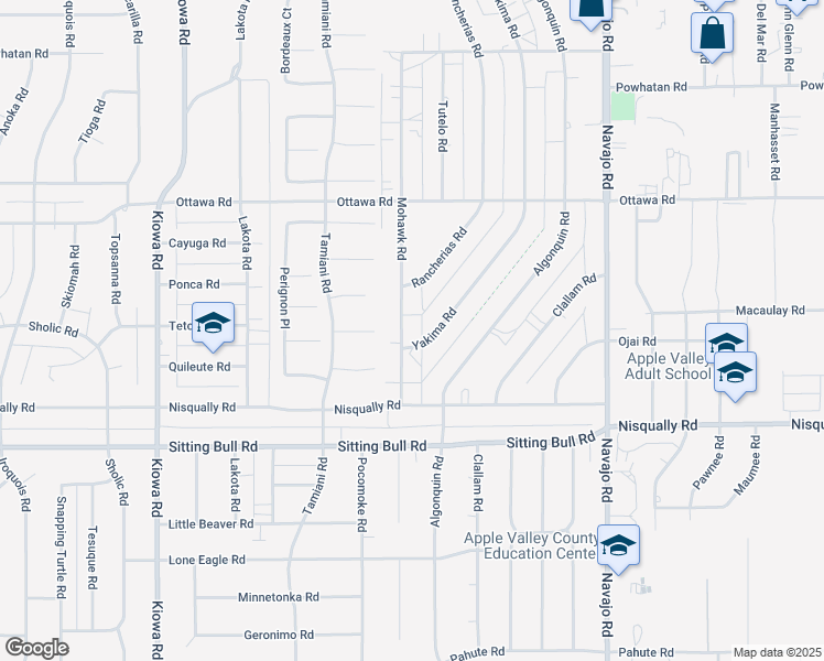 map of restaurants, bars, coffee shops, grocery stores, and more near 13089 Mohawk Road in Apple Valley