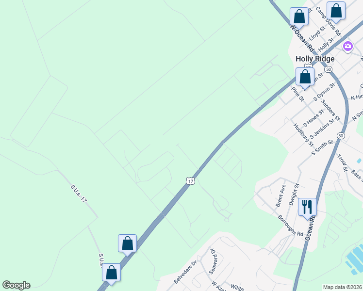 map of restaurants, bars, coffee shops, grocery stores, and more near 158 Beacon Woods Drive in Holly Ridge