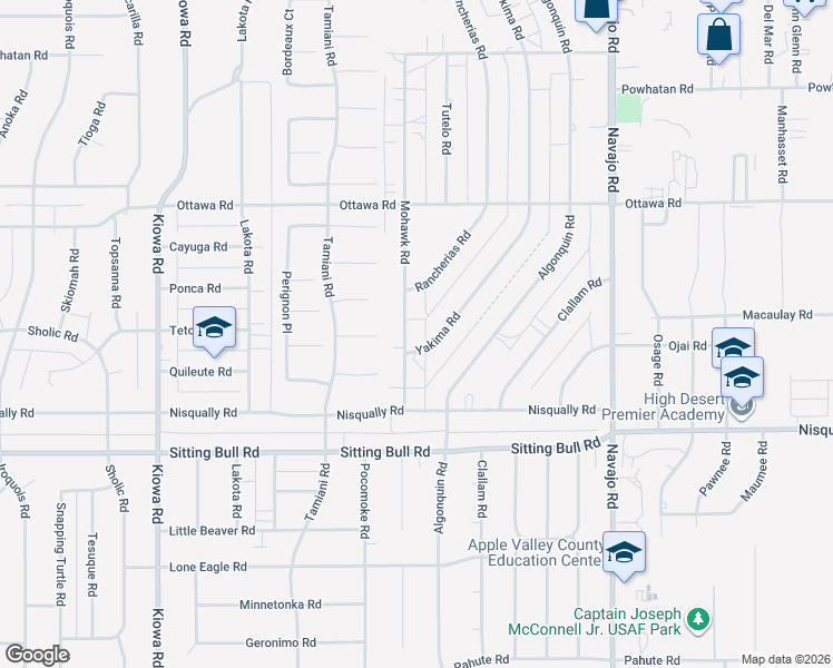 map of restaurants, bars, coffee shops, grocery stores, and more near 13089 Mohawk Road in Apple Valley