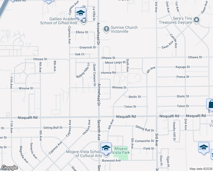 map of restaurants, bars, coffee shops, grocery stores, and more near 16117 Dunning Way in Victorville