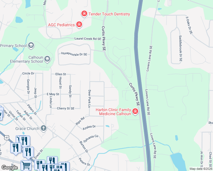 map of restaurants, bars, coffee shops, grocery stores, and more near 510 Woodland Terrace in Calhoun