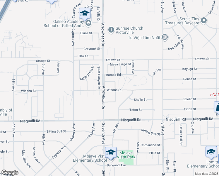 map of restaurants, bars, coffee shops, grocery stores, and more near 16134 Winona Street in Victorville