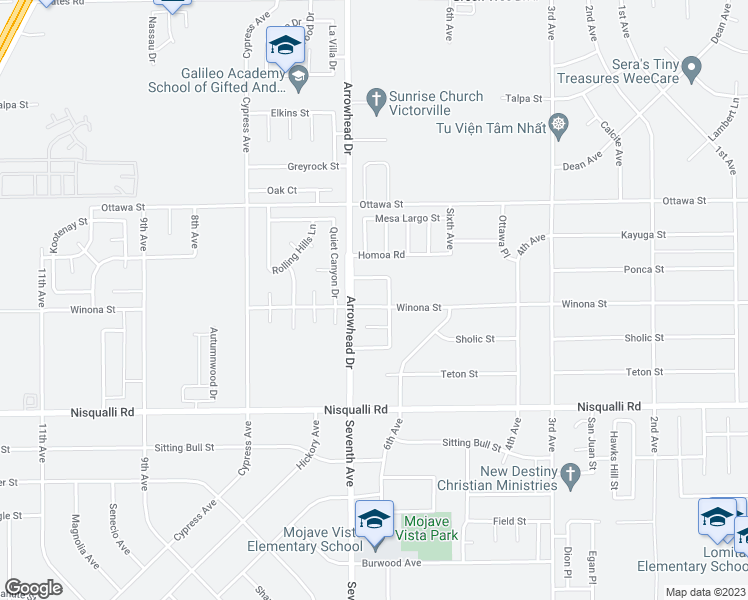 map of restaurants, bars, coffee shops, grocery stores, and more near 16146 Winona Street in Victorville
