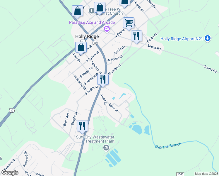 map of restaurants, bars, coffee shops, grocery stores, and more near 151 Lee Street in Holly Ridge