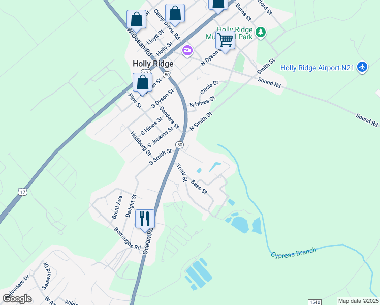 map of restaurants, bars, coffee shops, grocery stores, and more near 149 Lee Street in Holly Ridge
