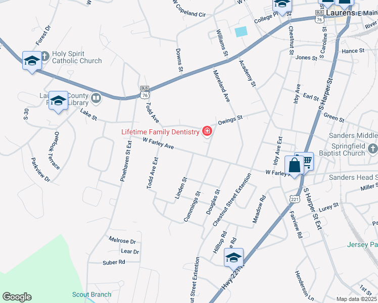 map of restaurants, bars, coffee shops, grocery stores, and more near 415 West Farley Avenue in Laurens
