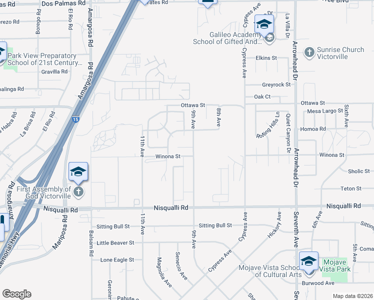 map of restaurants, bars, coffee shops, grocery stores, and more near 15512 Kadota Place in Victorville
