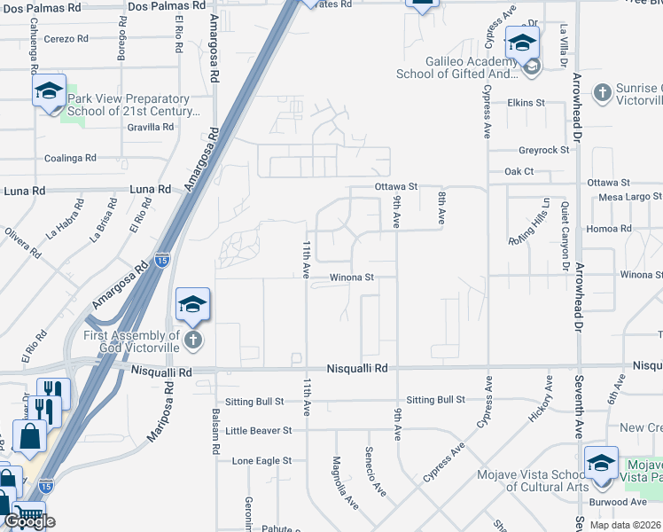 map of restaurants, bars, coffee shops, grocery stores, and more near 15592 Red Oak Way in Victorville