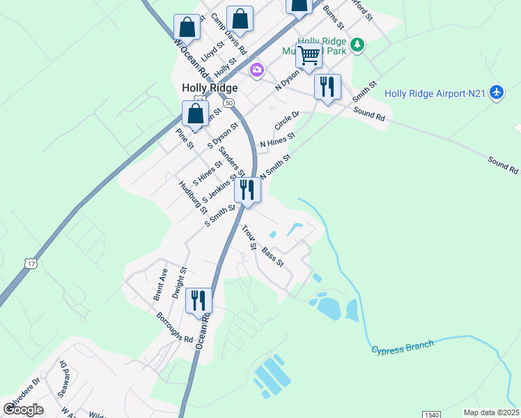 map of restaurants, bars, coffee shops, grocery stores, and more near 149 Lee Street in Holly Ridge