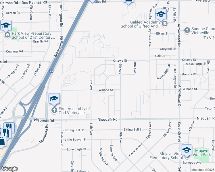 map of restaurants, bars, coffee shops, grocery stores, and more near 13131 Keokuk Street in Victorville