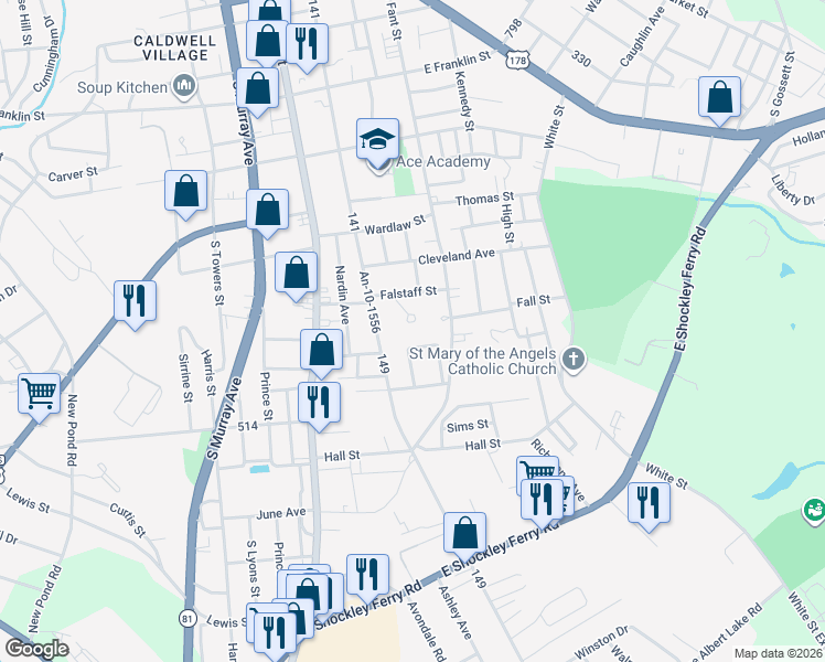map of restaurants, bars, coffee shops, grocery stores, and more near 1614 Meadow Brook Circle in Anderson