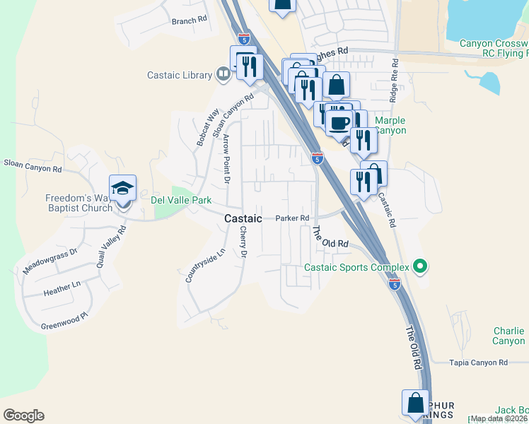 map of restaurants, bars, coffee shops, grocery stores, and more near 27829 Parker Road in Castaic