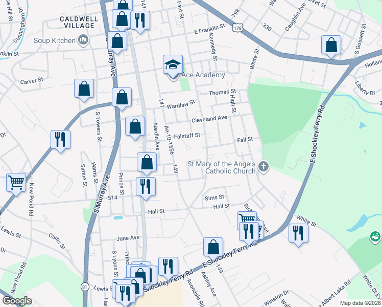 map of restaurants, bars, coffee shops, grocery stores, and more near 1614 Meadow Brook Circle in Anderson