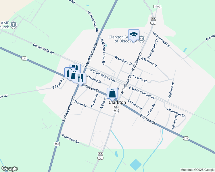 map of restaurants, bars, coffee shops, grocery stores, and more near 61 North Elm Street in Clarkton
