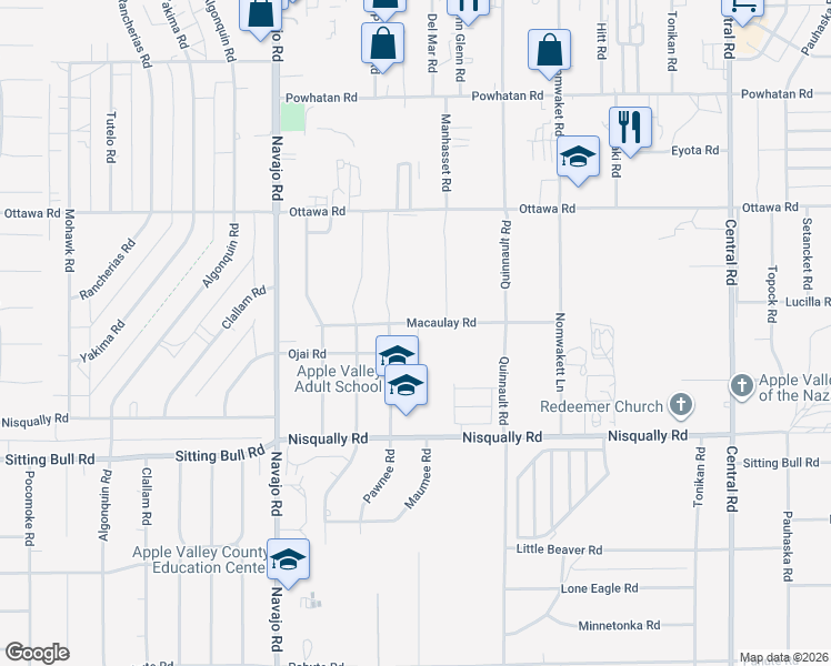 map of restaurants, bars, coffee shops, grocery stores, and more near 13097 Pawnee Road in Apple Valley