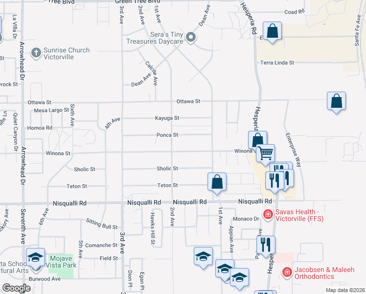 map of restaurants, bars, coffee shops, grocery stores, and more near 16744 Winona Street in Victorville