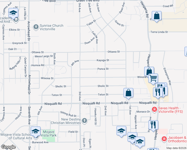 map of restaurants, bars, coffee shops, grocery stores, and more near 16606 Winona Street in Victorville