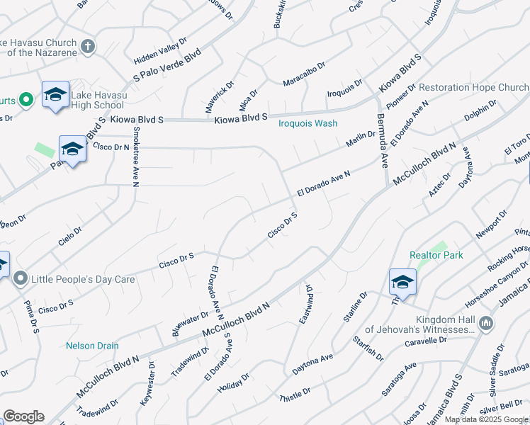 map of restaurants, bars, coffee shops, grocery stores, and more near 2910 El Dorado Avenue North in Lake Havasu City