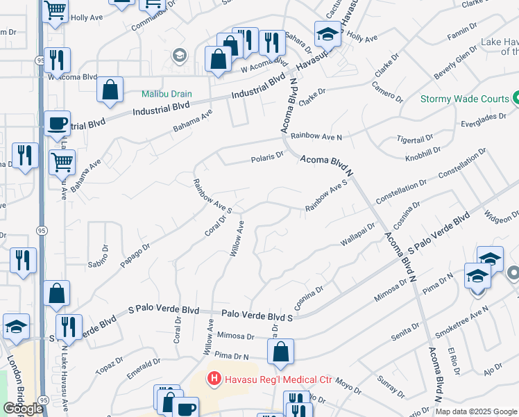 map of restaurants, bars, coffee shops, grocery stores, and more near 1841 Rainbow Avenue in Lake Havasu City