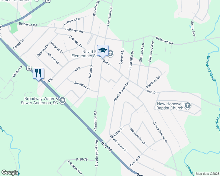map of restaurants, bars, coffee shops, grocery stores, and more near 1412 Forest Lane in Anderson