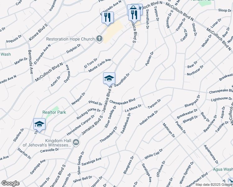 map of restaurants, bars, coffee shops, grocery stores, and more near 3414 Plebe Lane in Lake Havasu City