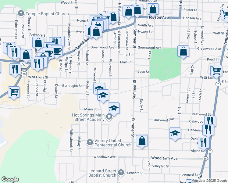 map of restaurants, bars, coffee shops, grocery stores, and more near 111 Leeper Street in Hot Springs