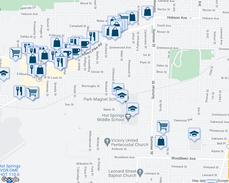 map of restaurants, bars, coffee shops, grocery stores, and more near 205 Lexington Street in Hot Springs
