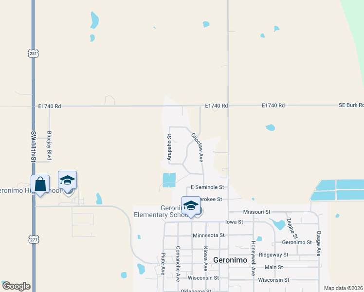 map of restaurants, bars, coffee shops, grocery stores, and more near 111 Arapaho Street in Geronimo