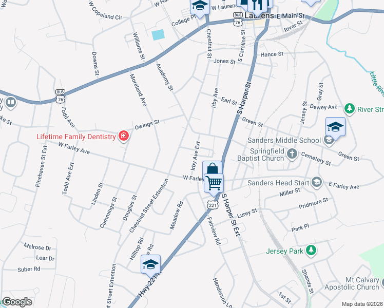 map of restaurants, bars, coffee shops, grocery stores, and more near 402 Irby Avenue Extension in Laurens
