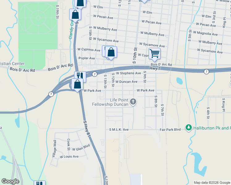 map of restaurants, bars, coffee shops, grocery stores, and more near 1110 West Park Avenue in Duncan