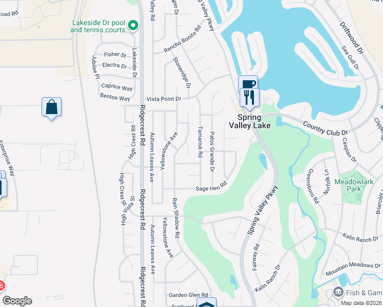 map of restaurants, bars, coffee shops, grocery stores, and more near 17880 Idyllwild Lane in Victorville