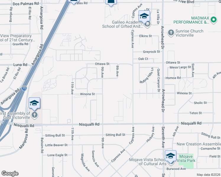map of restaurants, bars, coffee shops, grocery stores, and more near 15920 Foxwood Road in Victorville