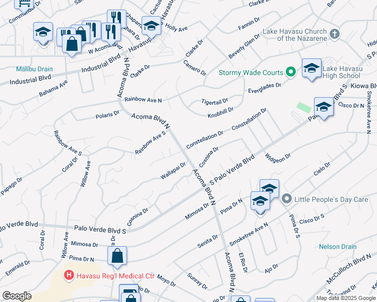 map of restaurants, bars, coffee shops, grocery stores, and more near 2222 Constellation Dr in Lake Havasu City