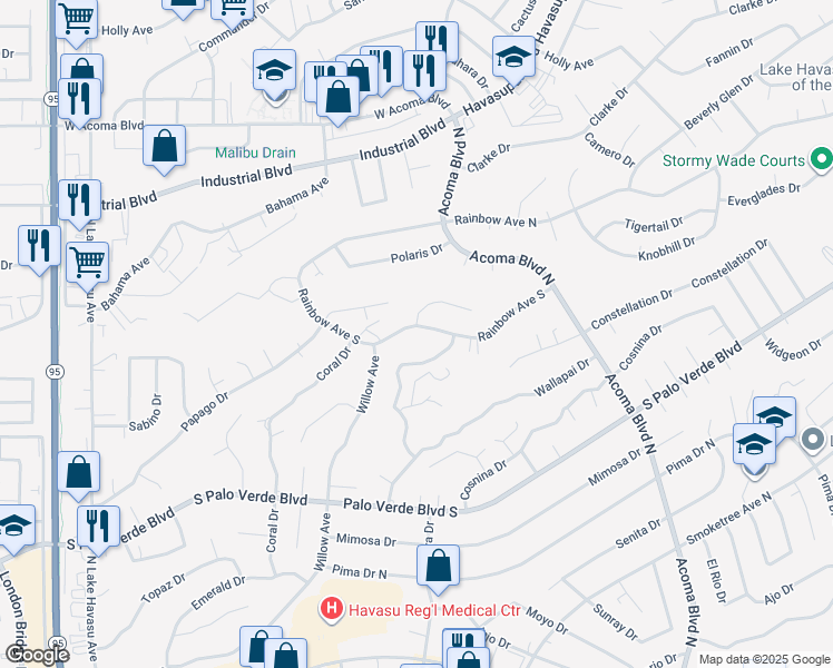 map of restaurants, bars, coffee shops, grocery stores, and more near 1841 Rainbow Avenue in Lake Havasu City