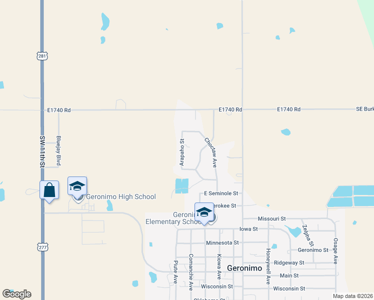 map of restaurants, bars, coffee shops, grocery stores, and more near 111 Arapaho Street in Geronimo
