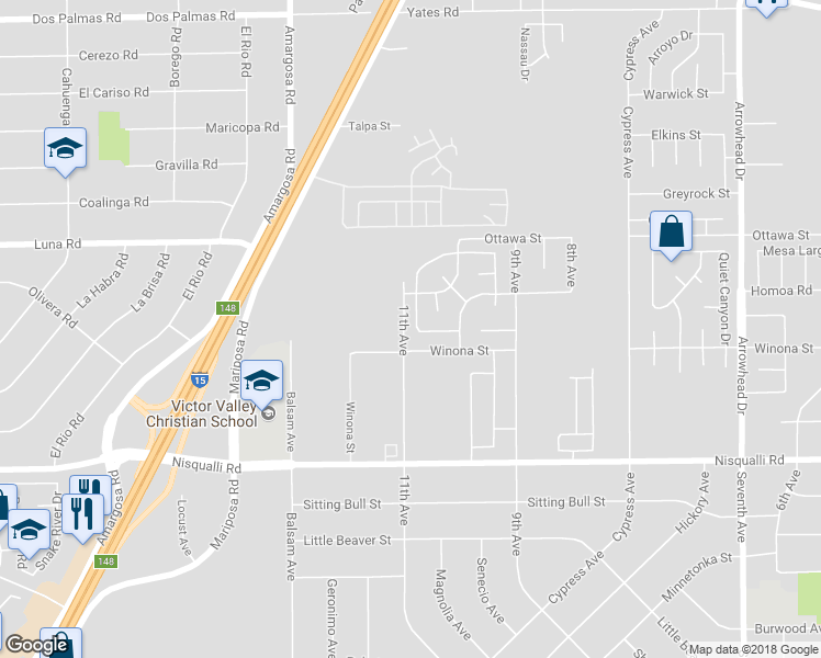 map of restaurants, bars, coffee shops, grocery stores, and more near 13132 Kootenay Way in Victorville