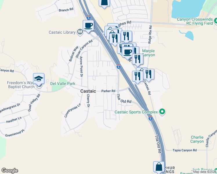 map of restaurants, bars, coffee shops, grocery stores, and more near 31512 Karena Avenue in Castaic